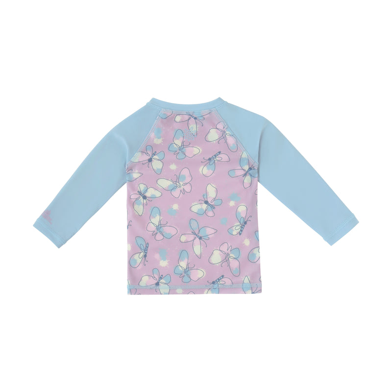 back view of baby zippy long sleeve swim shirt in colorful wings|colorful-wings