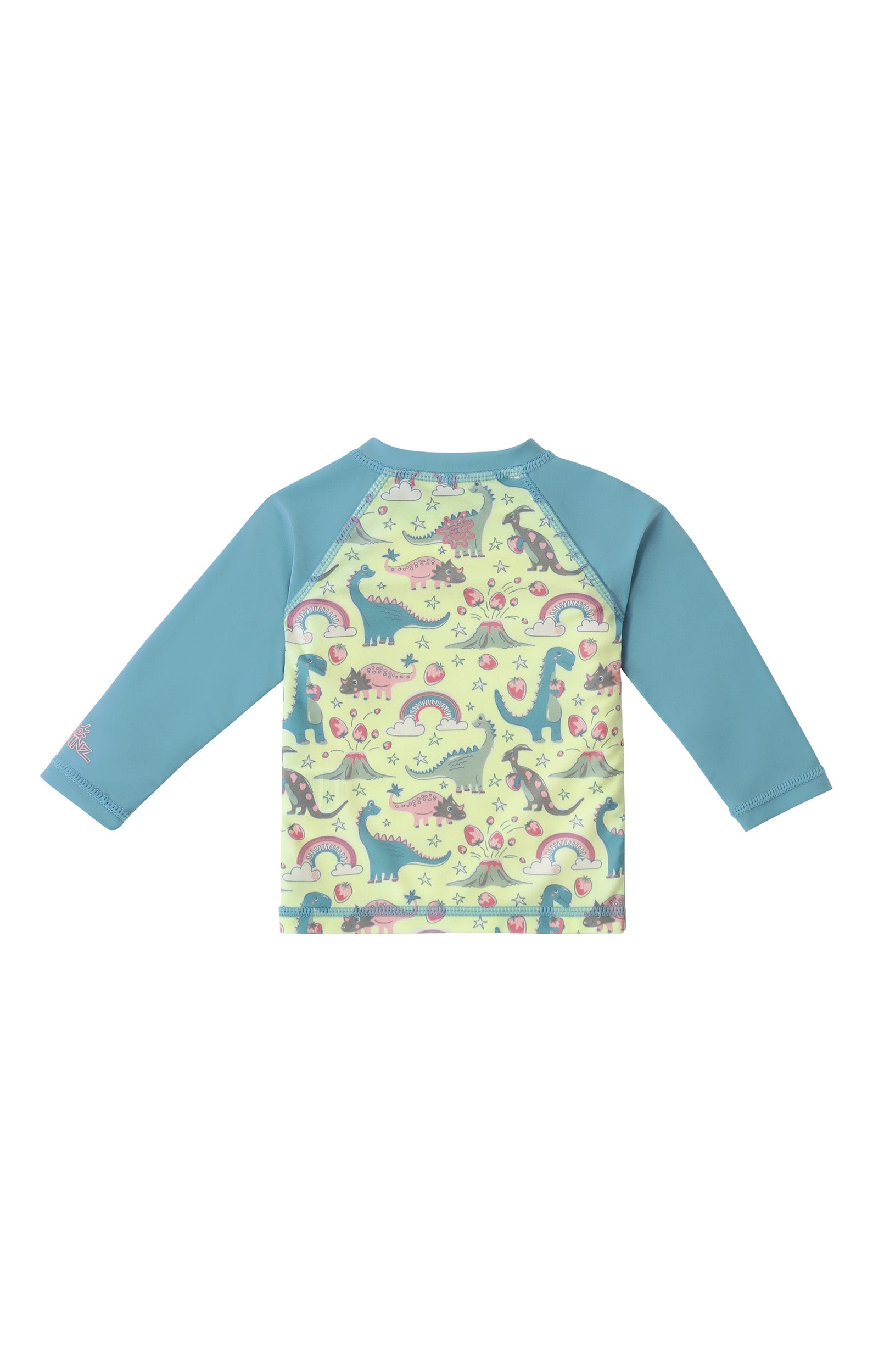 back view of baby zippy long sleeve swim shirt in dino berry|dino-berry
