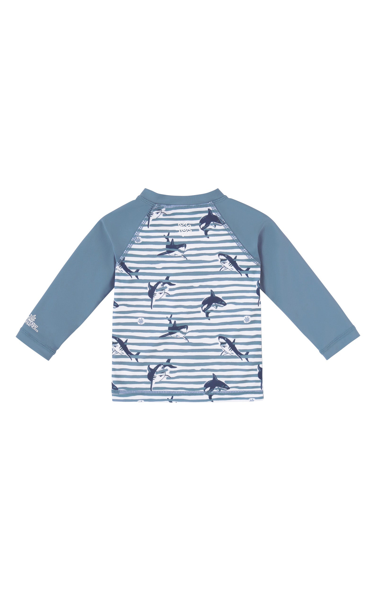 back view of baby zippy long sleeve swim shirt in shark stripe|shark-stripe