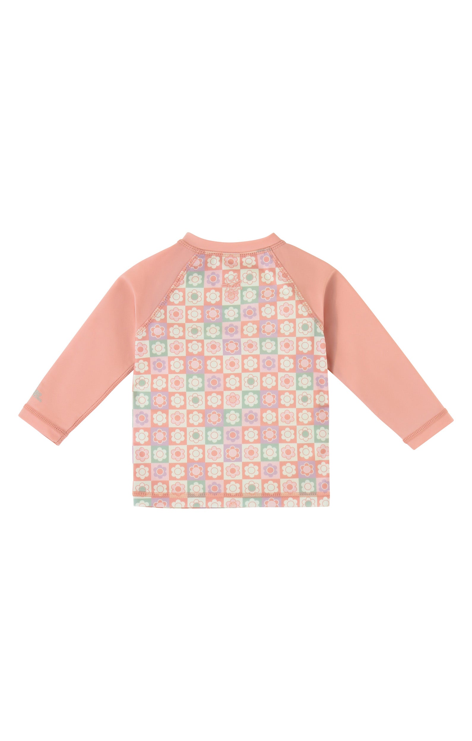 back view of baby zippy long sleeve swim shirt in tiled flowers|tiled-flowers