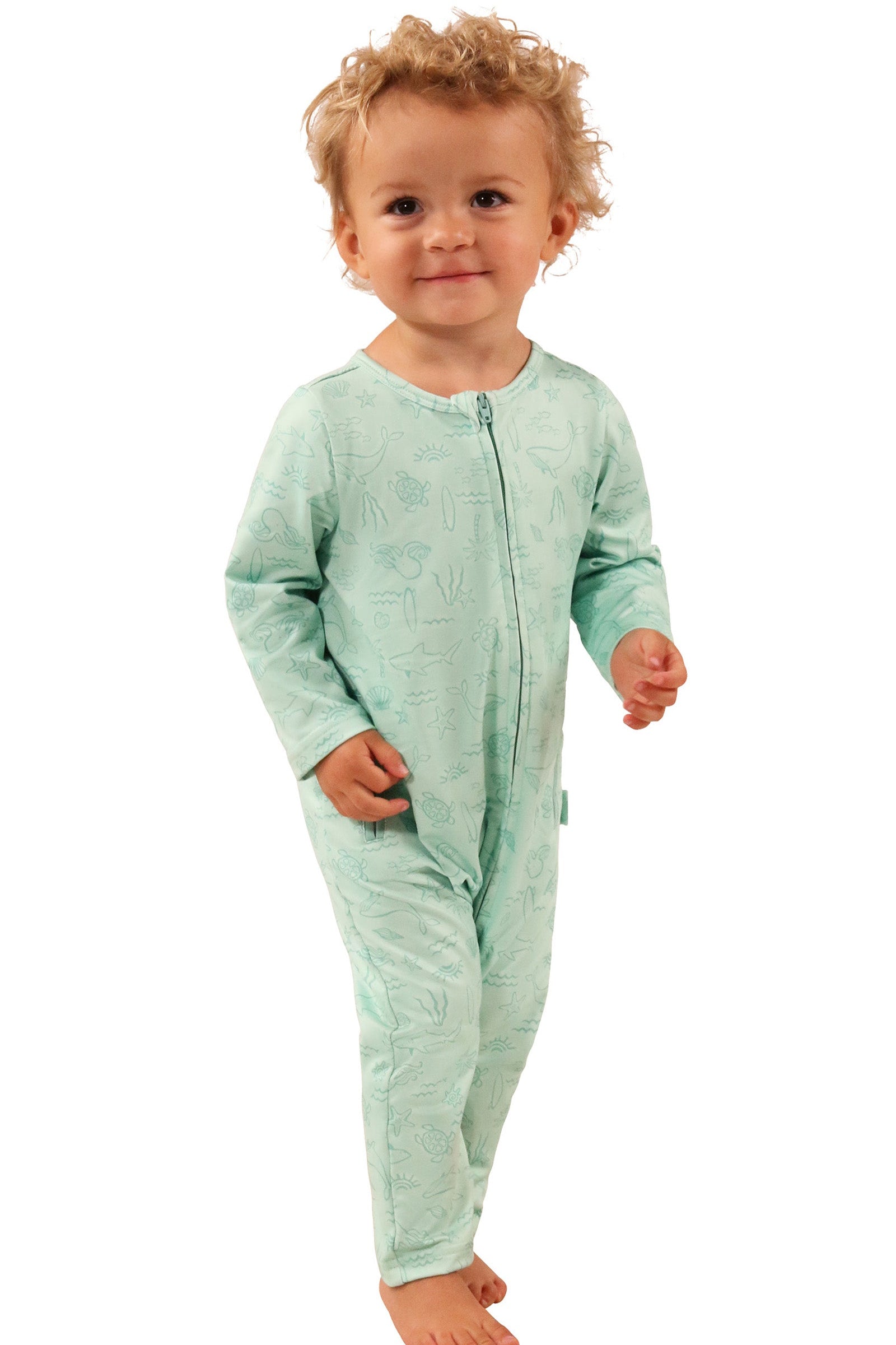 baby in active fleece romper in ocean friends|ocean-friends