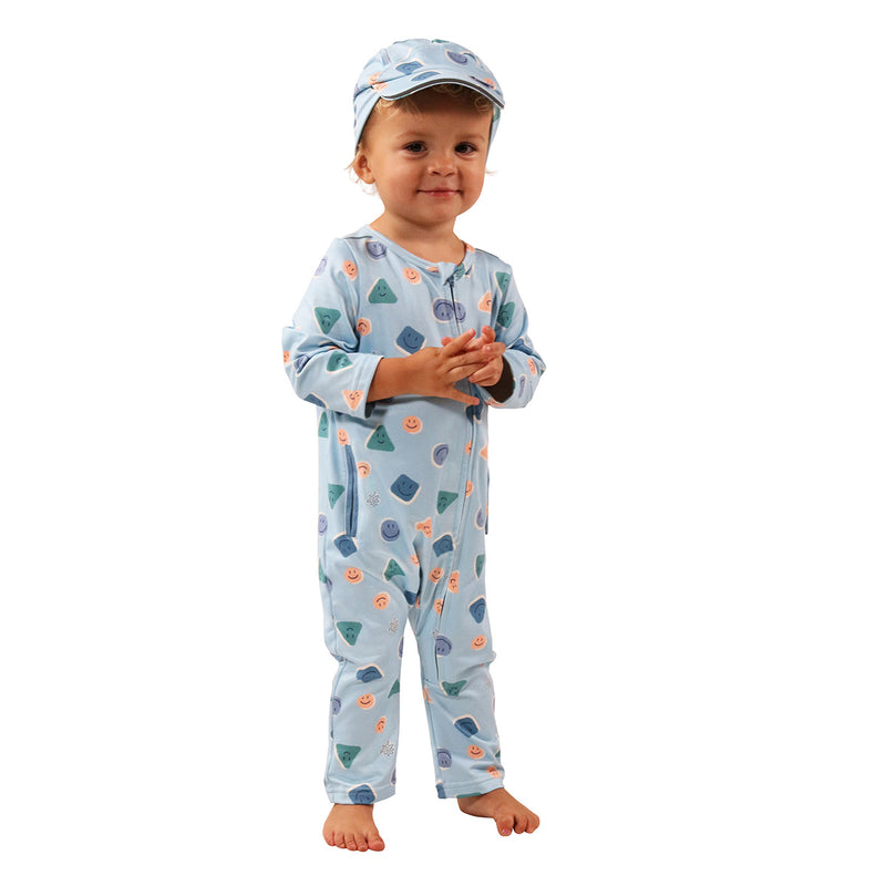 baby in active fleece romper in smiley pals|smiley-pals