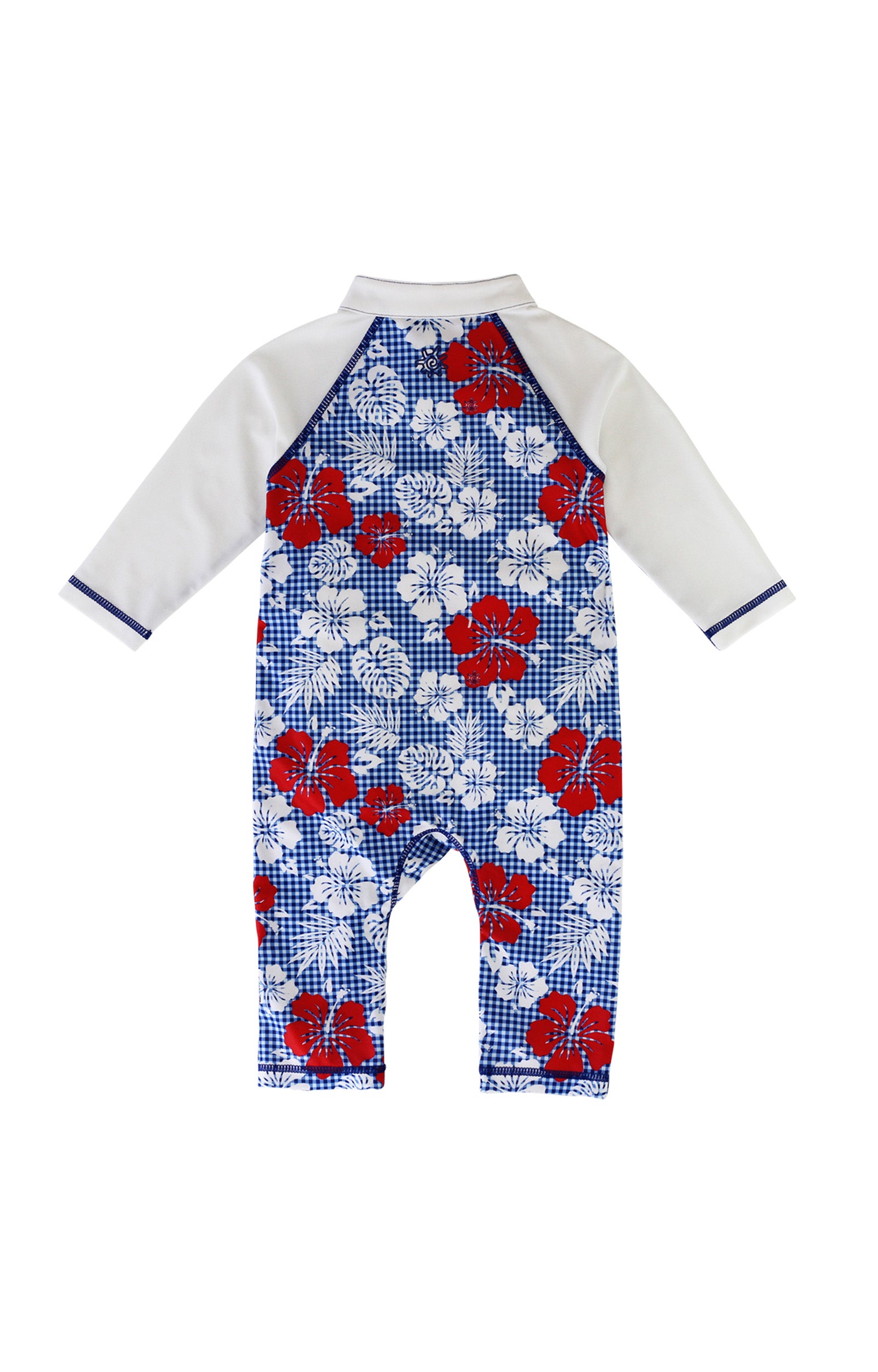 back of the baby boy's long-sleeve swimsuit in red americana gingham|red-americana-gingham