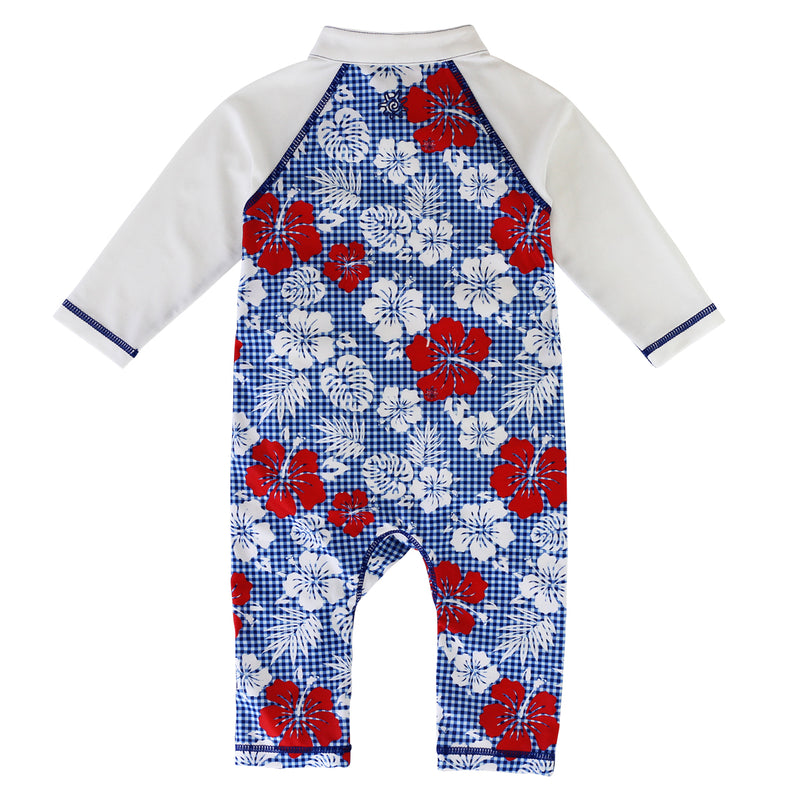 back of the baby boy's long-sleeve swimsuit in red americana gingham|red-americana-gingham