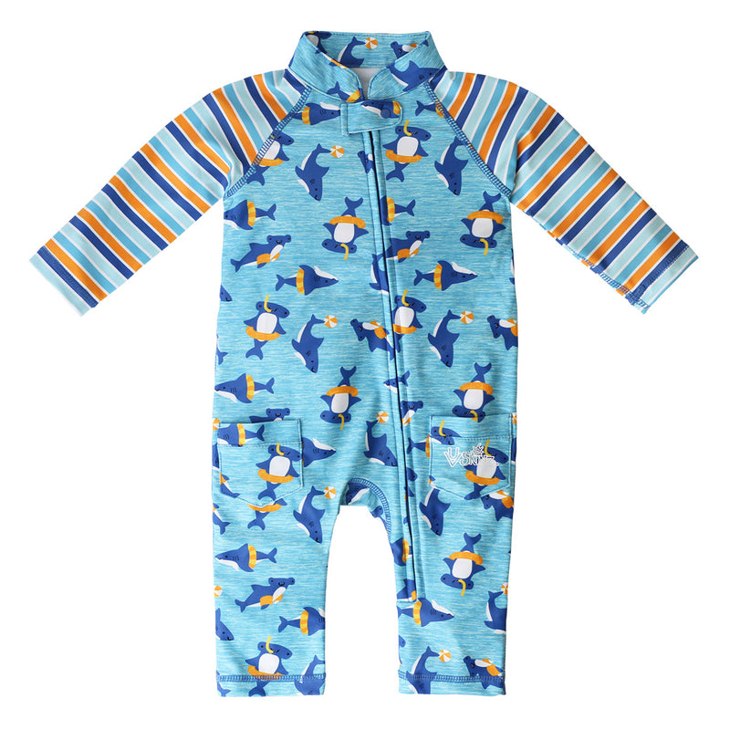 baby boy's long-sleeve swimsuit in sea party sharks|sea-party-sharks