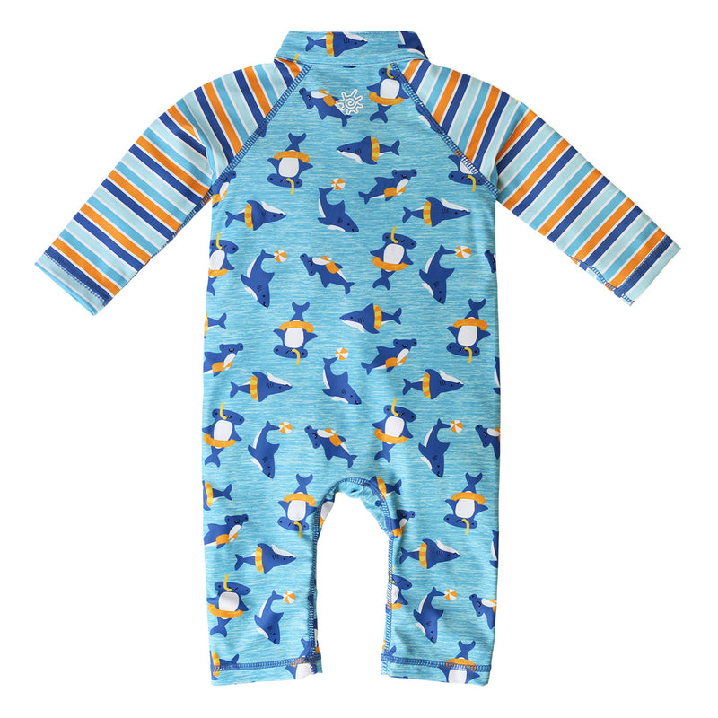 back of the baby boy's long-sleeve swimsuit in sea party sharks|sea-party-sharks
