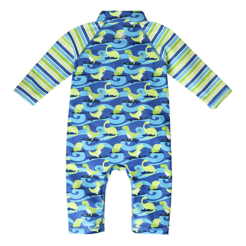 back of the baby boy's long-sleeve swimsuit in surfing dinos|surfing-dinos