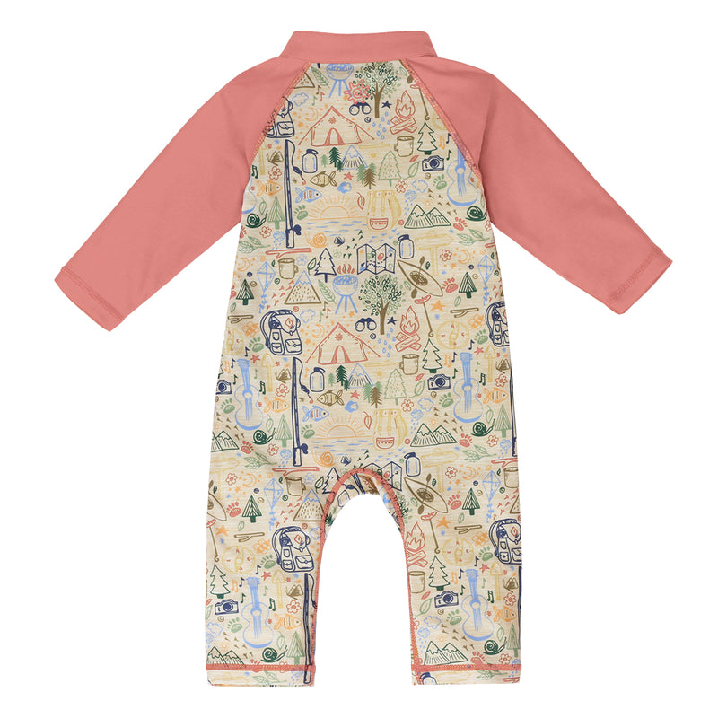 back of the baby boy's long-sleeve swimsuit in campfire doodle|campfire-doodle