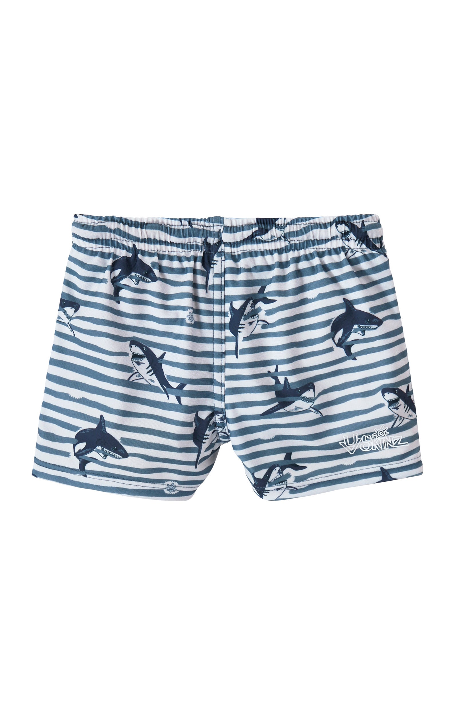 back view of baby boys swim shorties in shark stripe|shark-stripe