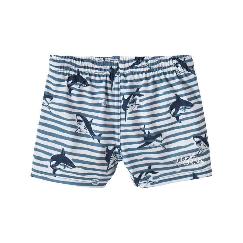 back view of baby boys swim shorties in shark stripe|shark-stripe