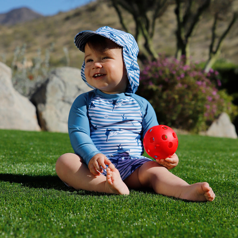 baby in swim shorties|shark-stripe