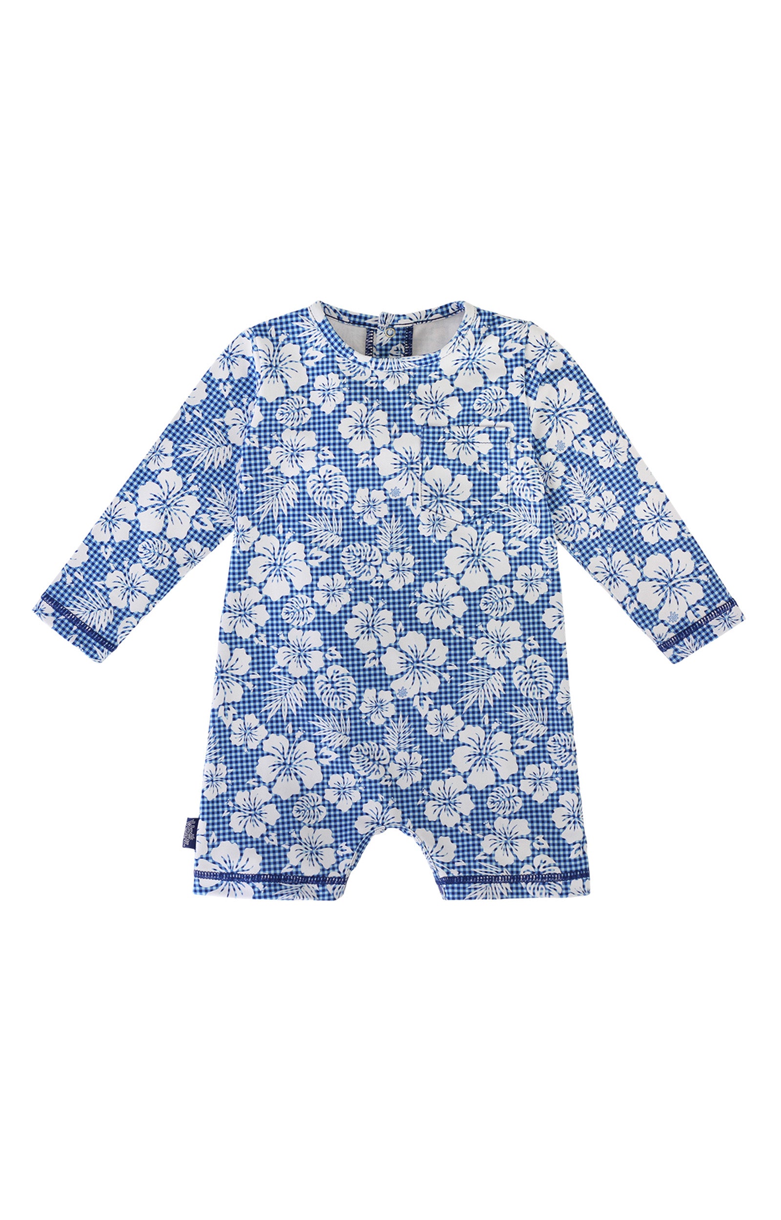 baby boy's UV onesie in blue hibiscus gingham|blue-hibiscus-gingham