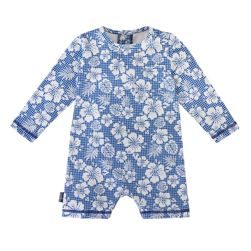 baby boy's UV onesie in blue hibiscus gingham|blue-hibiscus-gingham