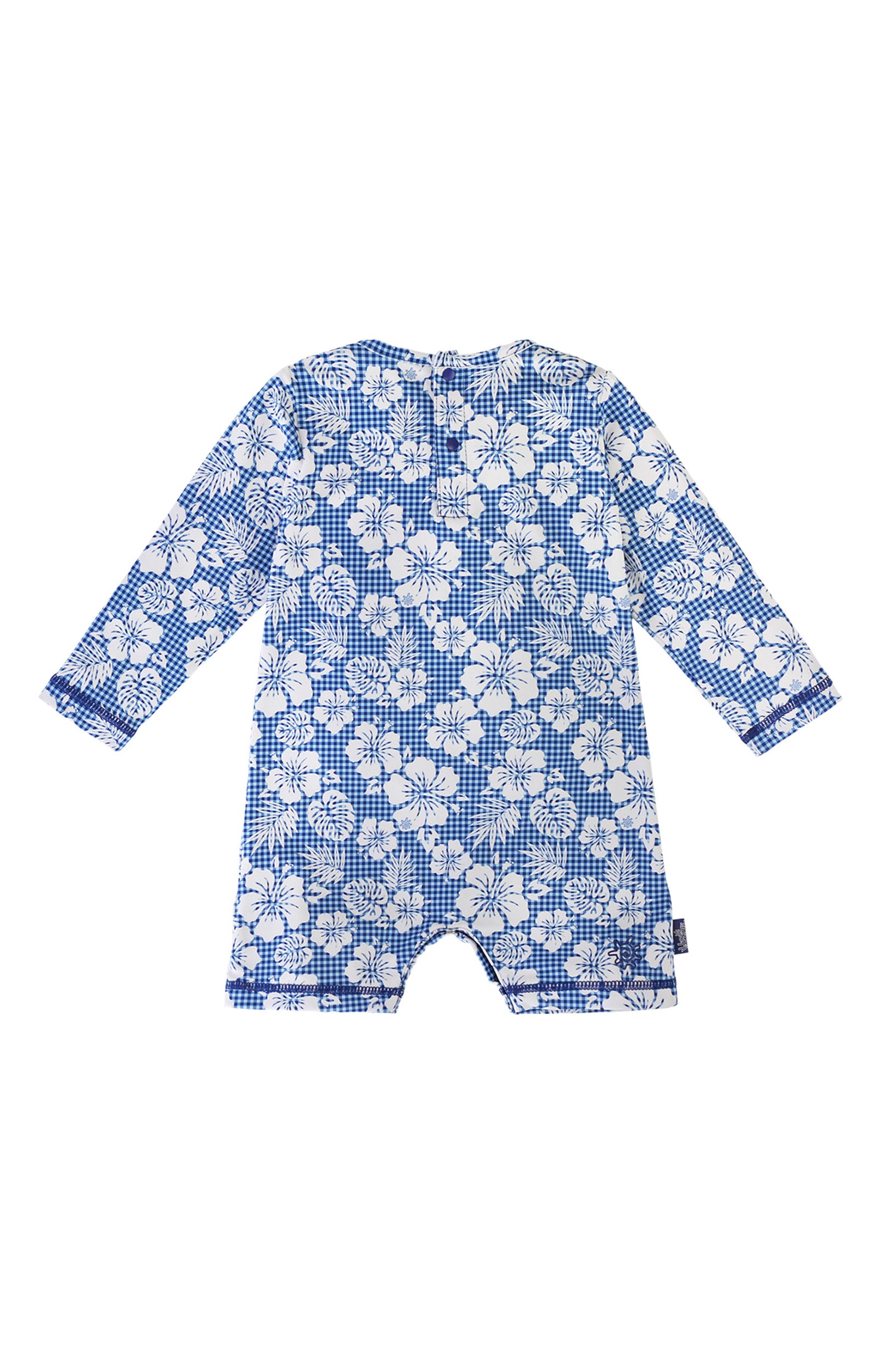 back of the baby boy's UV onesie in blue hibiscus gingham|blue-hibiscus-gingham