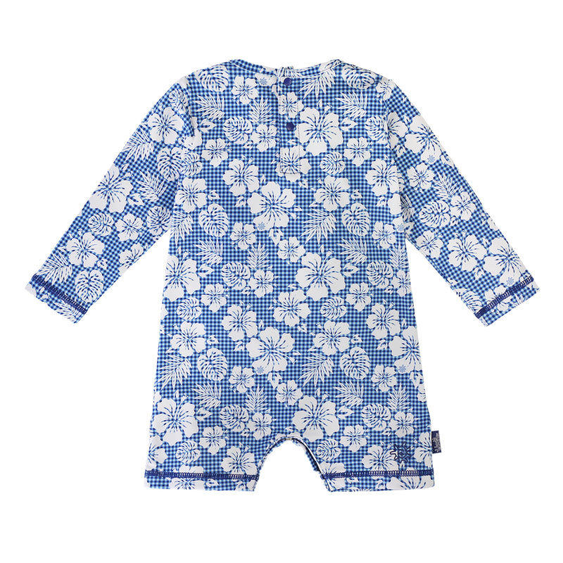 back of the baby boy's UV onesie in blue hibiscus gingham|blue-hibiscus-gingham