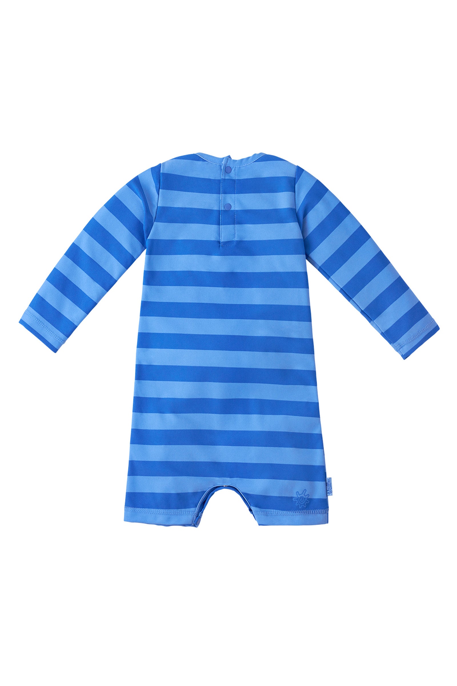 Back of the baby boy's onesie in panda rugby stripe