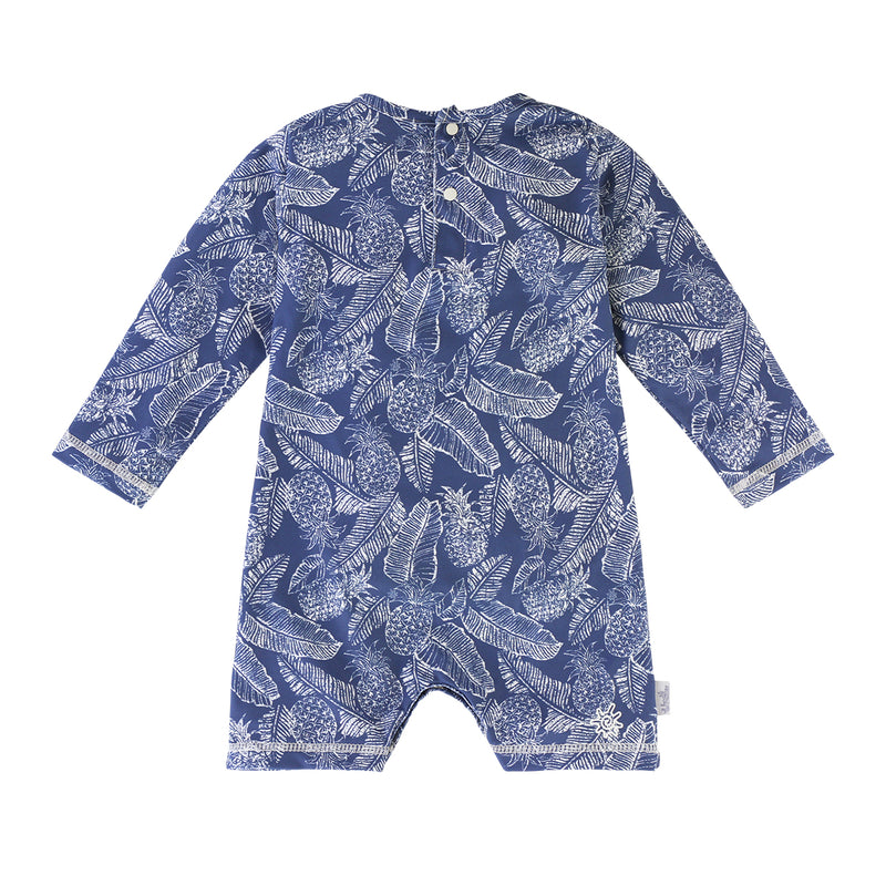 back of the baby boy's UV onesie in pineapple fossil|pineapple-fossil