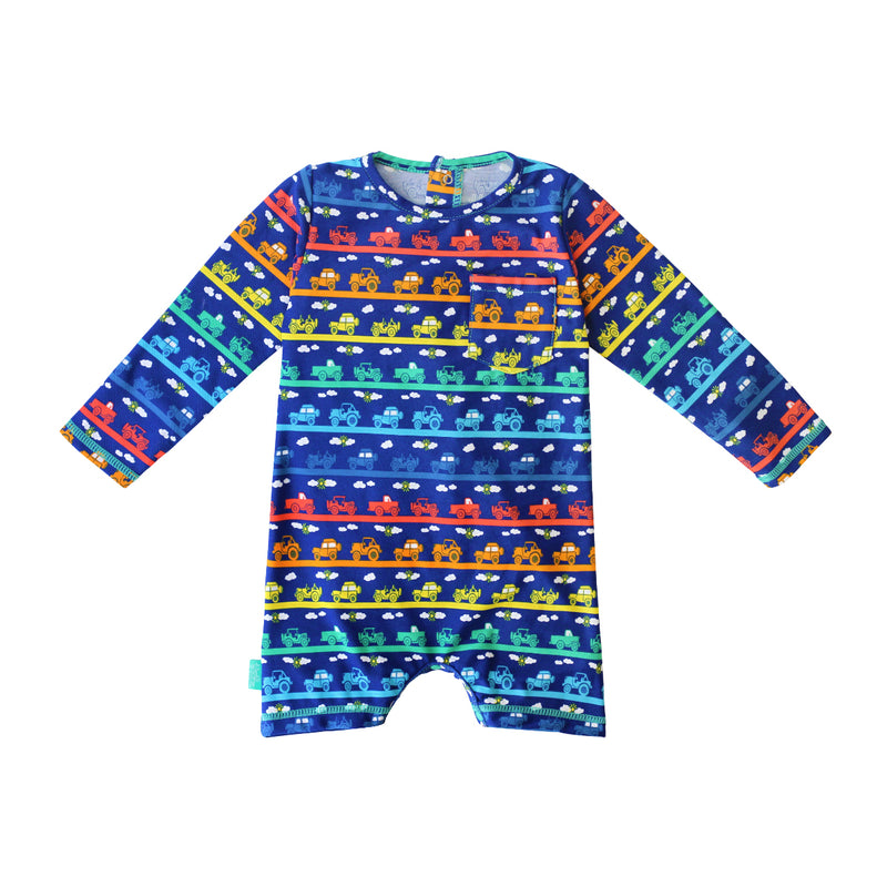 baby boy's UV onesie in rainbow tiny trucks|rainbow-tiny-trucks