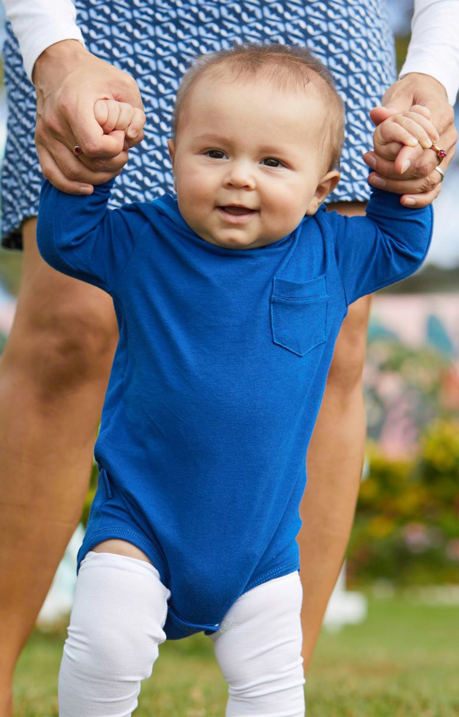 Little Boy Walking in the Baby Boy's Hooded Sunzie|navy-blue