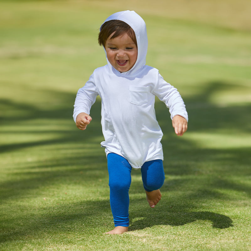 Baby Boy Running in the Grass in the Baby Boy's Hooded Sunzie in White|white