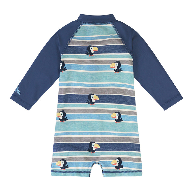 back of the baby boy's long sleeve swimsuit in birdie stripe|birdie-stripe