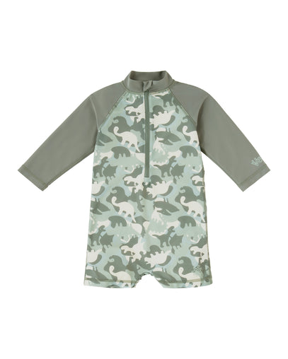 baby boys long sleeve swim romper in camo dino|camo-dinos