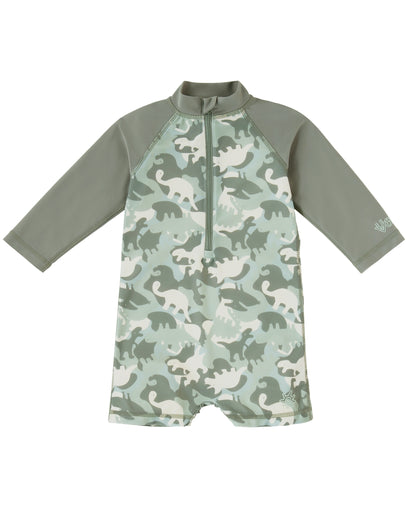 baby boys long sleeve swim romper in camo dino|camo-dinos