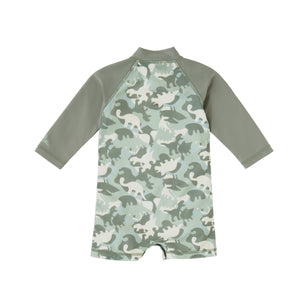 back view of baby boys long sleeve swim romper in camo dino|camo-dinos