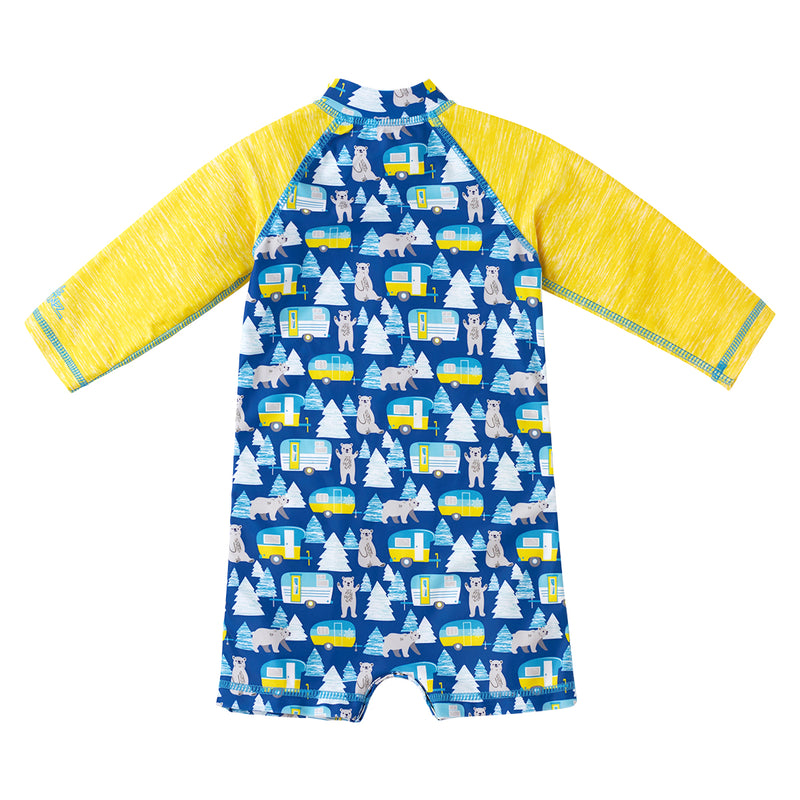 back of the UV Skinz's baby boy's long-sleeeve swimsuit in camper bear|camper-bear