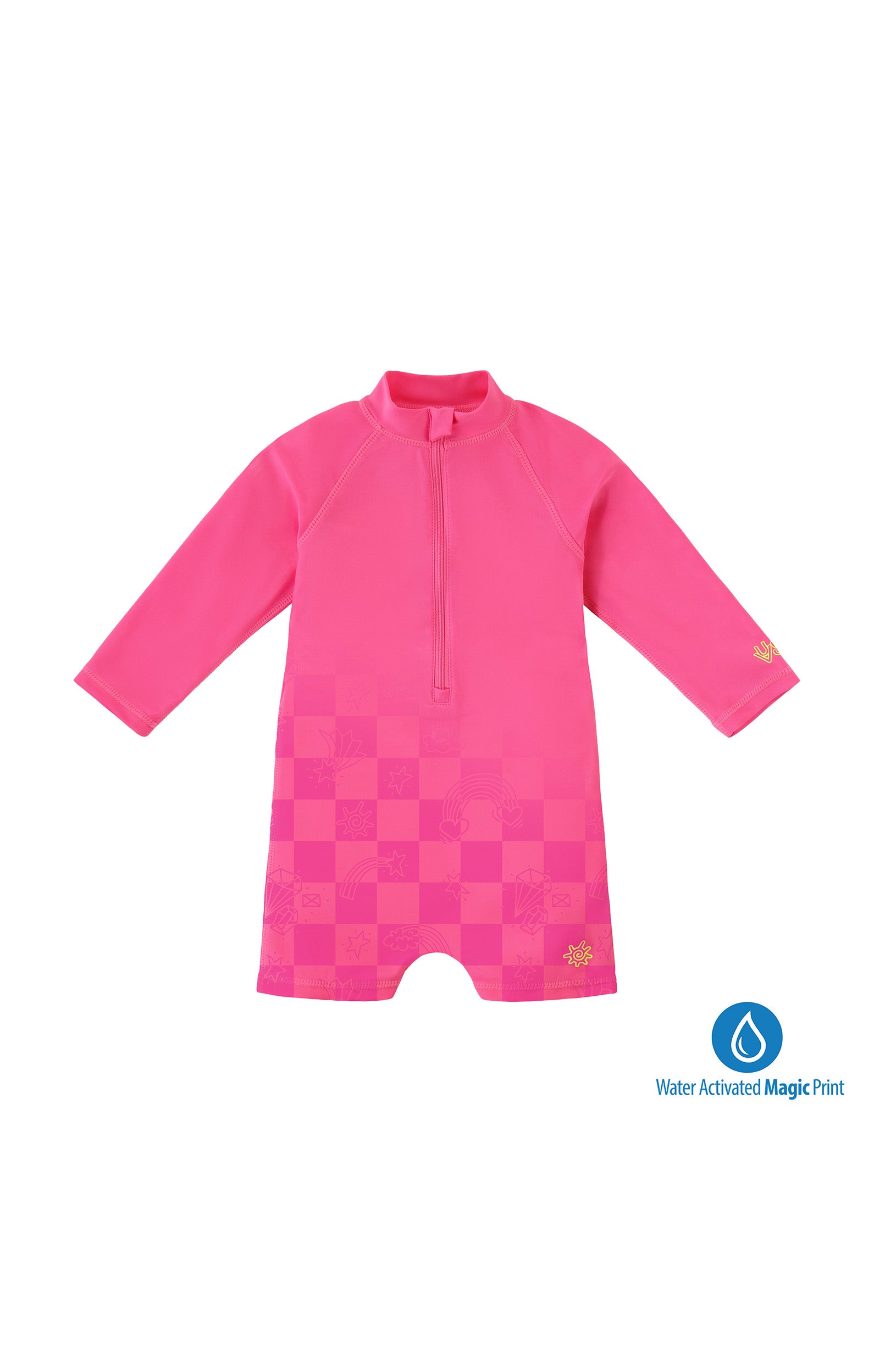 baby neon magic print long sleeve swim romper in neon checkers|neon-checkers