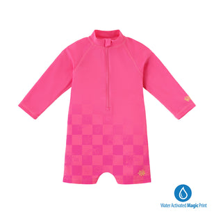 baby neon magic print long sleeve swim romper in neon checkers|neon-checkers