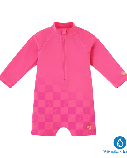 baby neon magic print long sleeve swim romper in neon checkers|neon-checkers