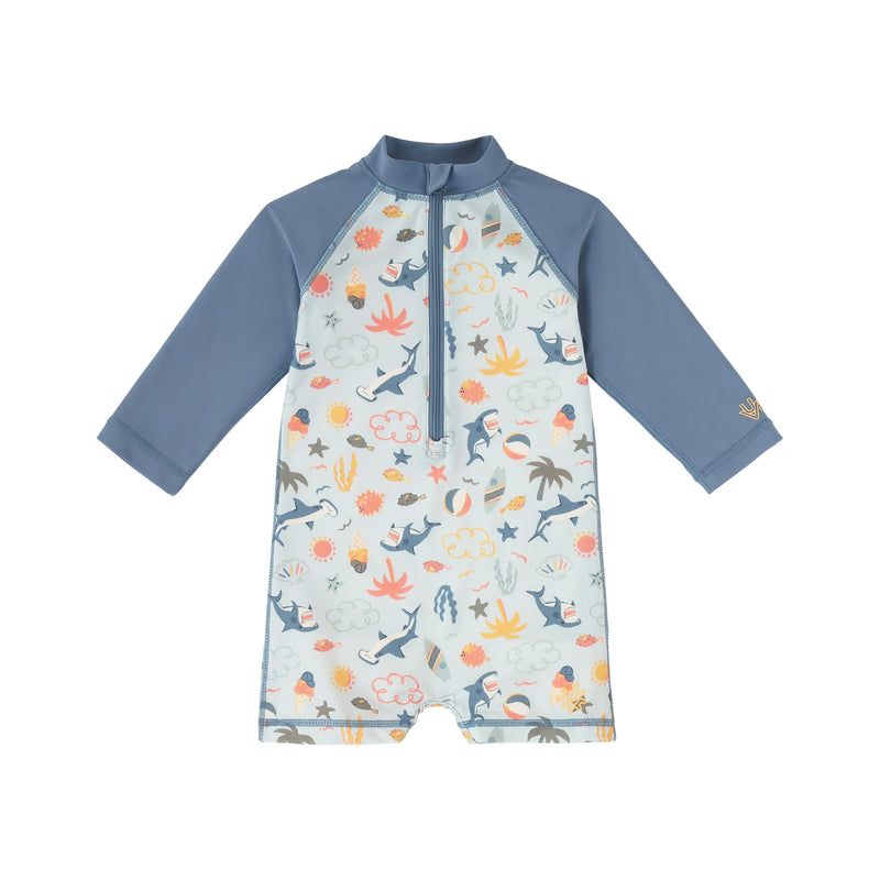 baby boys long sleeve swim romper in sharks cove|sharks-cove
