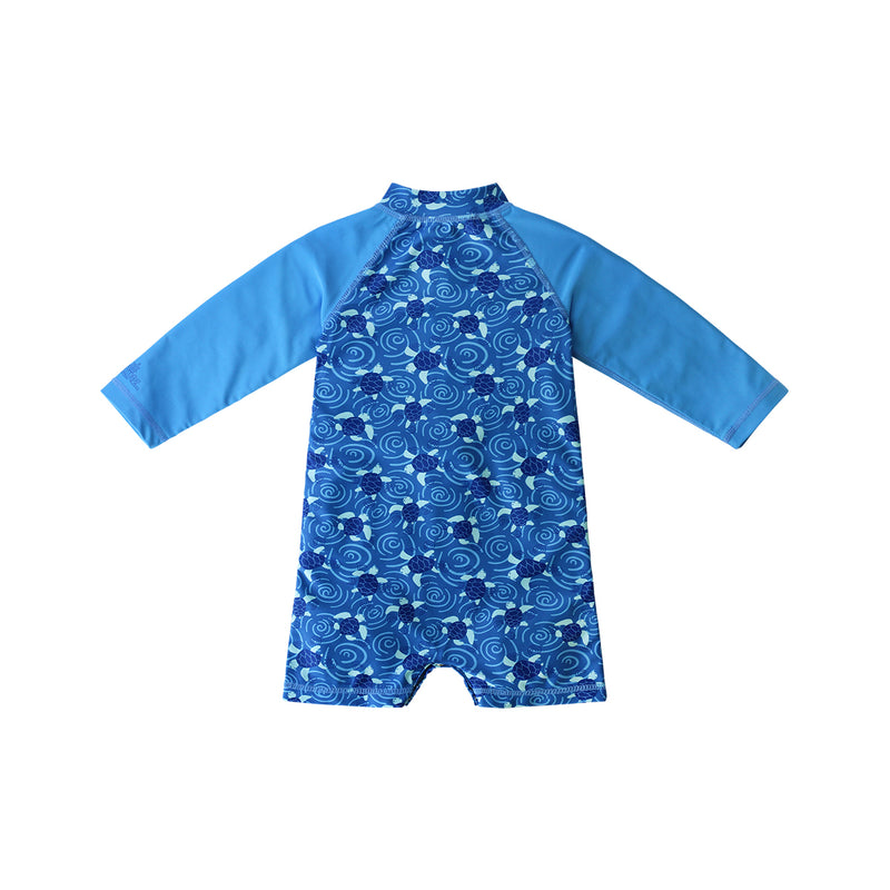 back of the baby boy's long sleeve swim romper|turtle-whirl