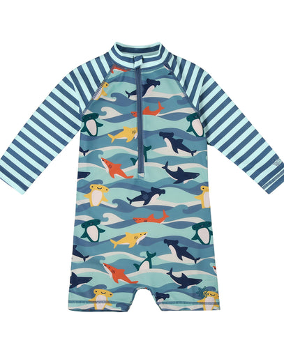 baby boy's long sleeve swim romper|waverider-sharks