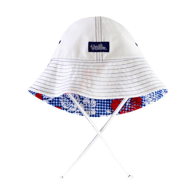 reversed view of the baby boy's sun hat in red americana Gingham|red-americana-gingham
