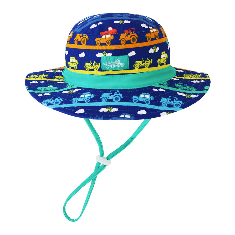 baby boy's swim hat in rainbow trucks|rainbow-trucks