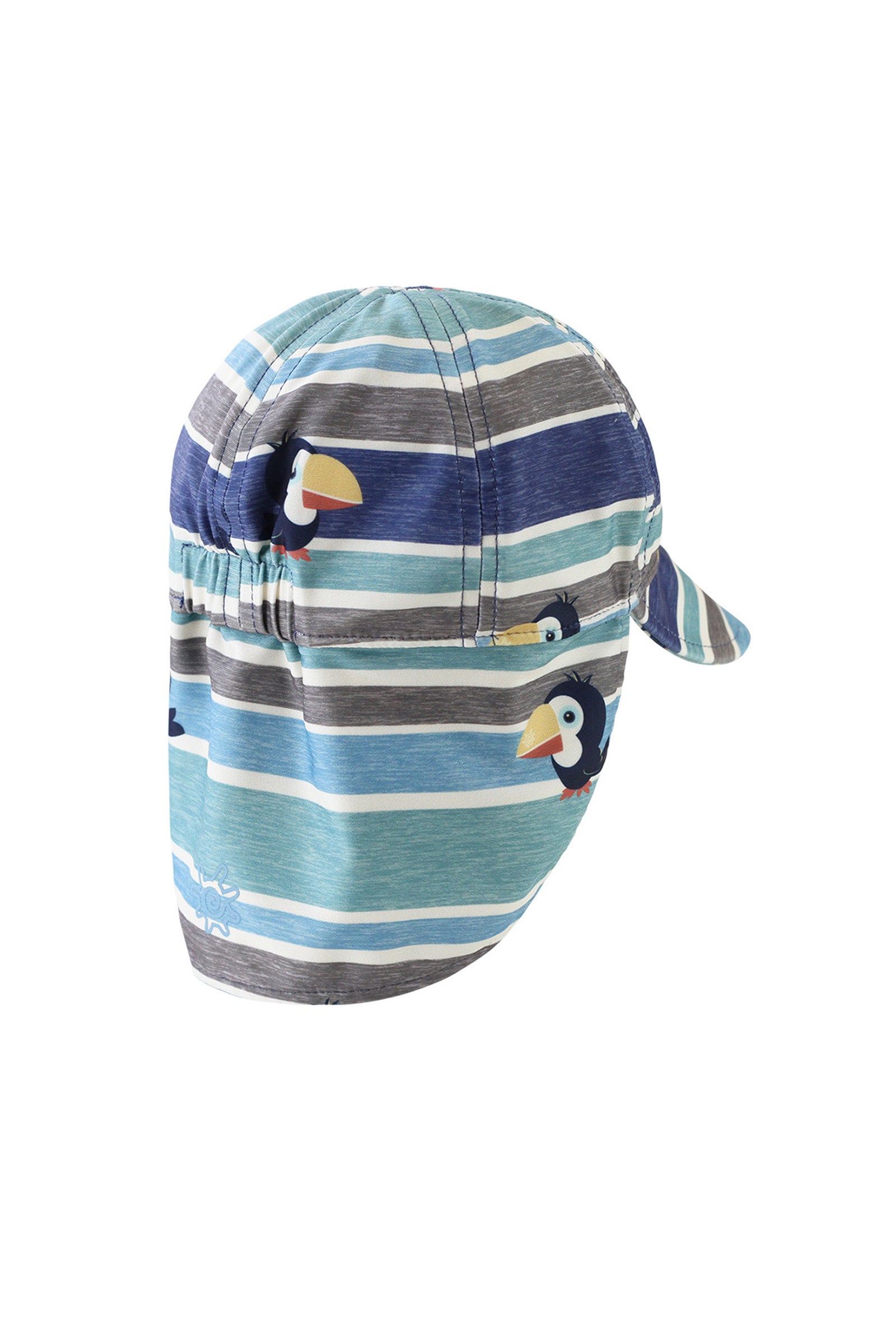 back of the baby boy's swim flap hat with UPF 50+ in birdie stripe