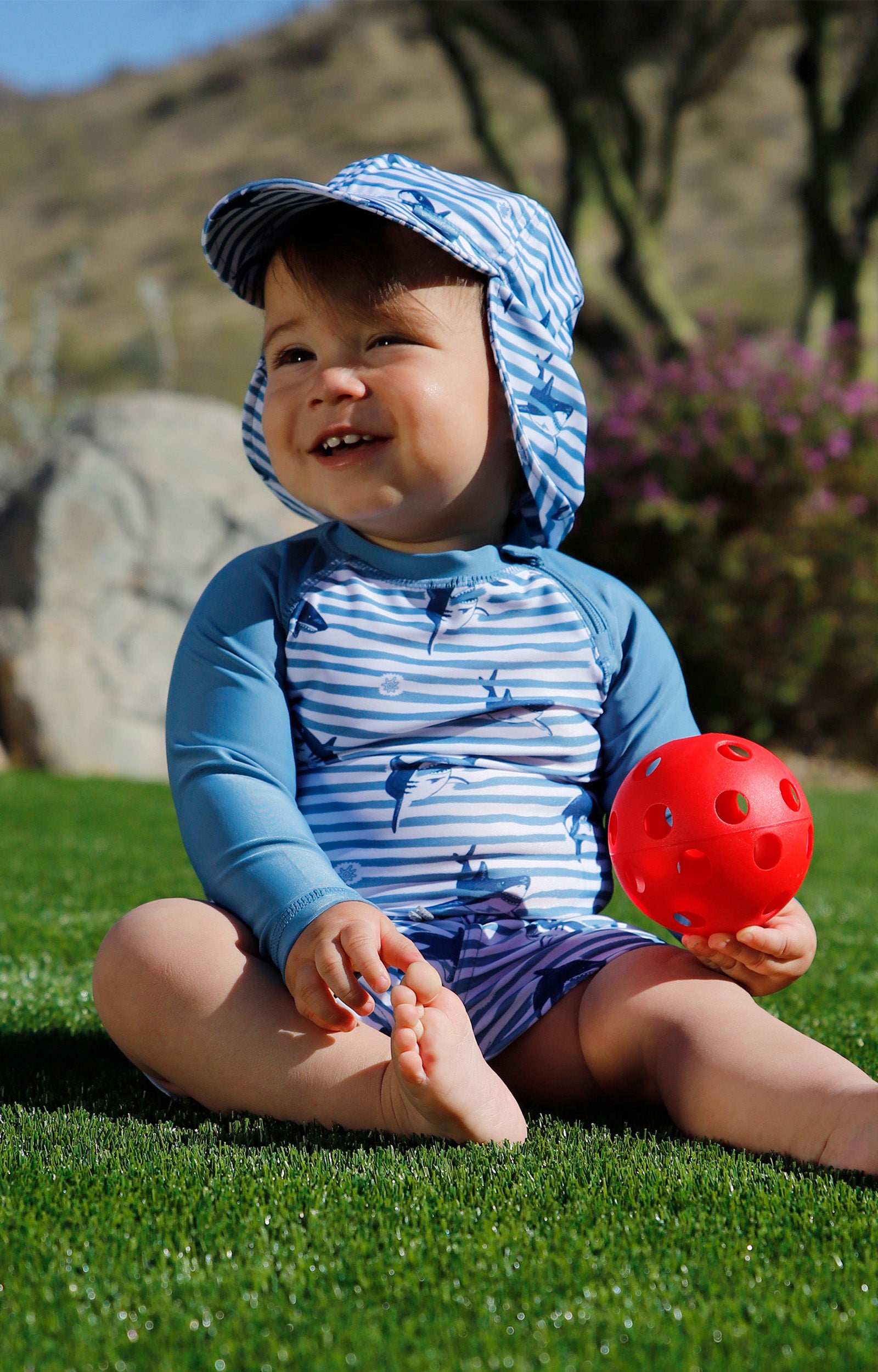 baby in swim flap hat|shark-stripe