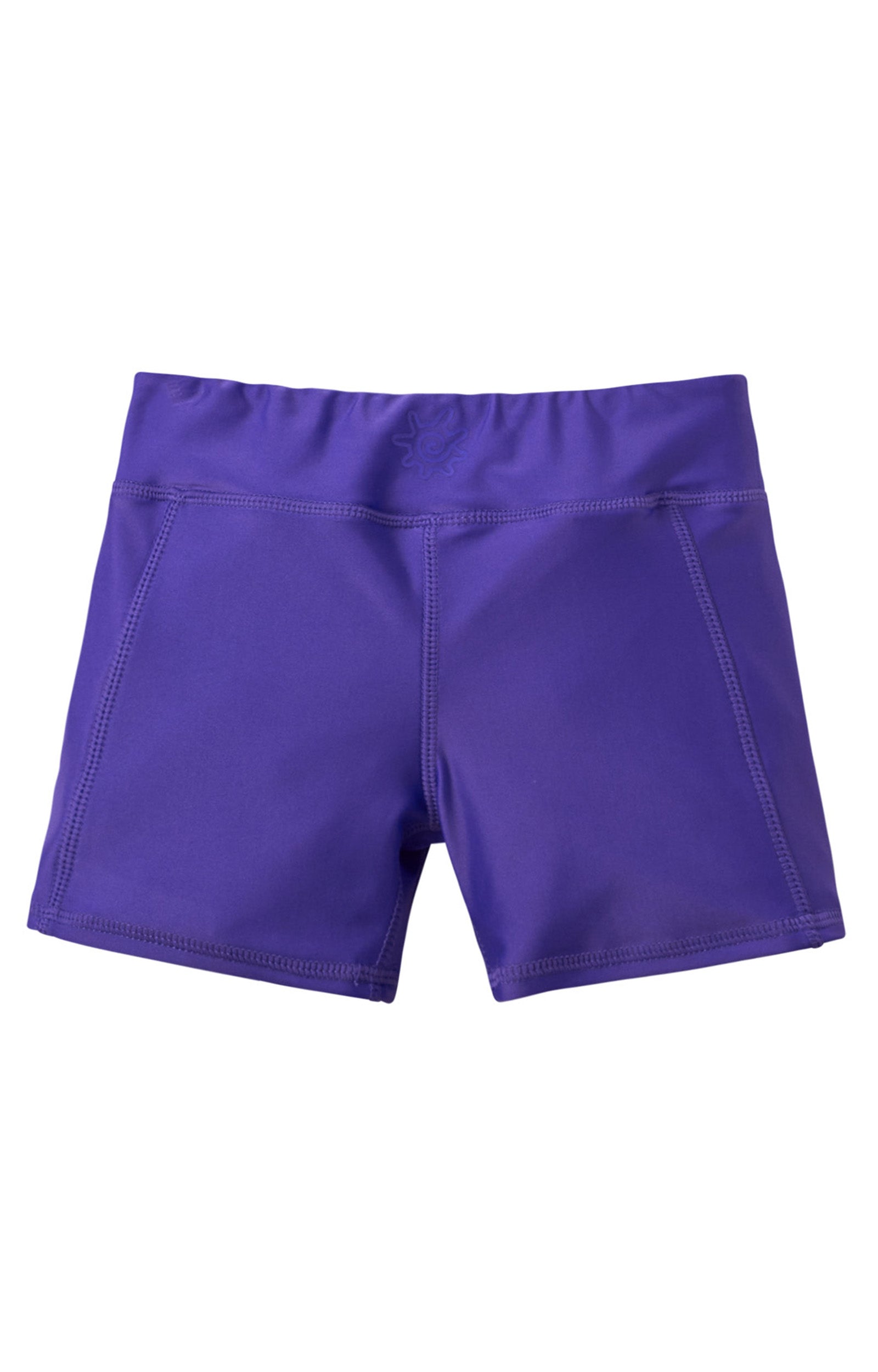 back of the girl's swim shorts in purple|purple