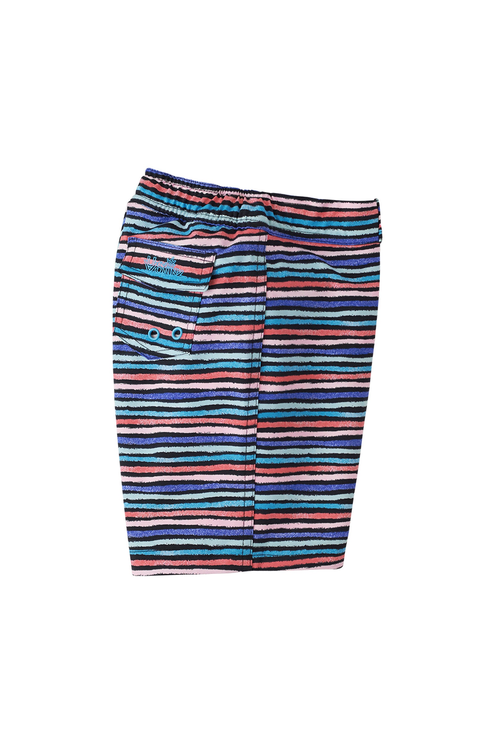 Side View of the Girl's Board Shorts in Black Rainbow Stripe