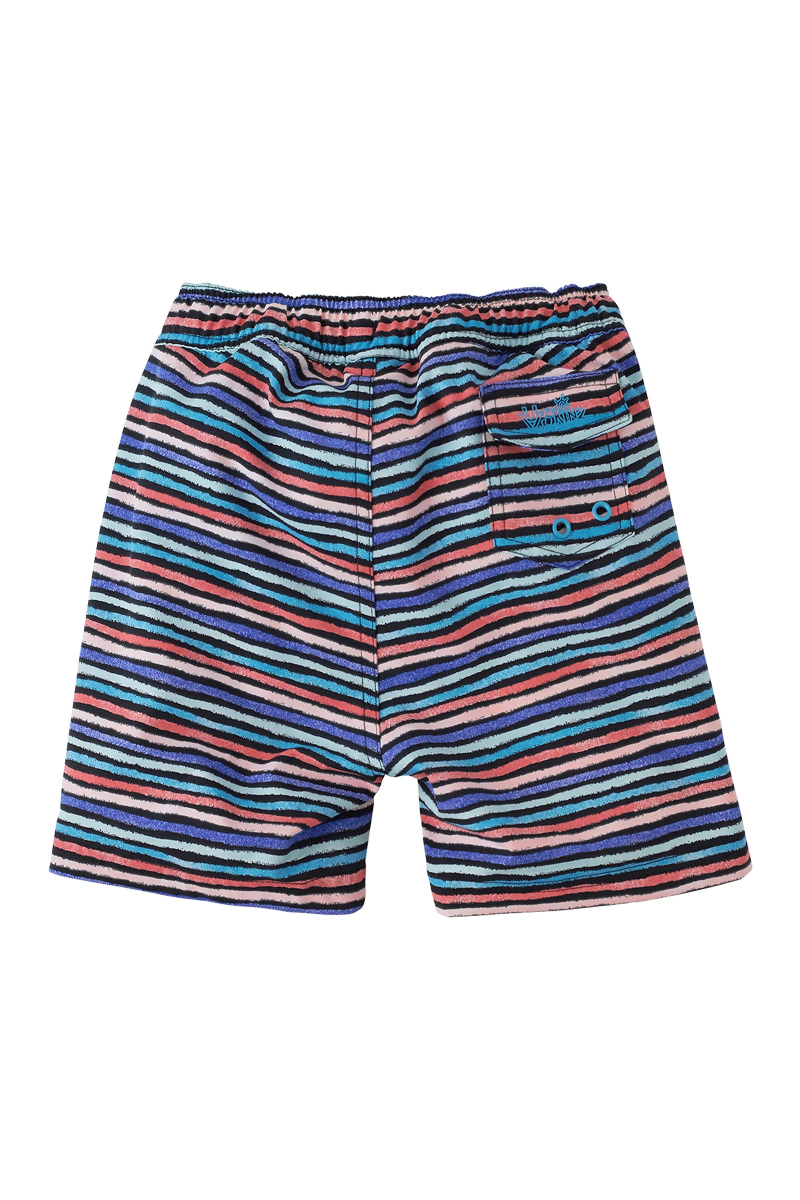 Back View of the Girl's Board Shorts in Black Rainbow Stripe
