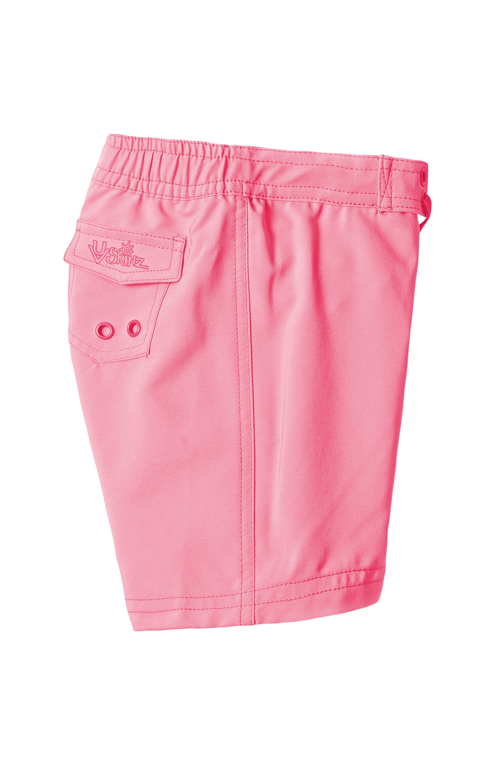 side view of the girl's board shorts in bubblegum|bubblegum