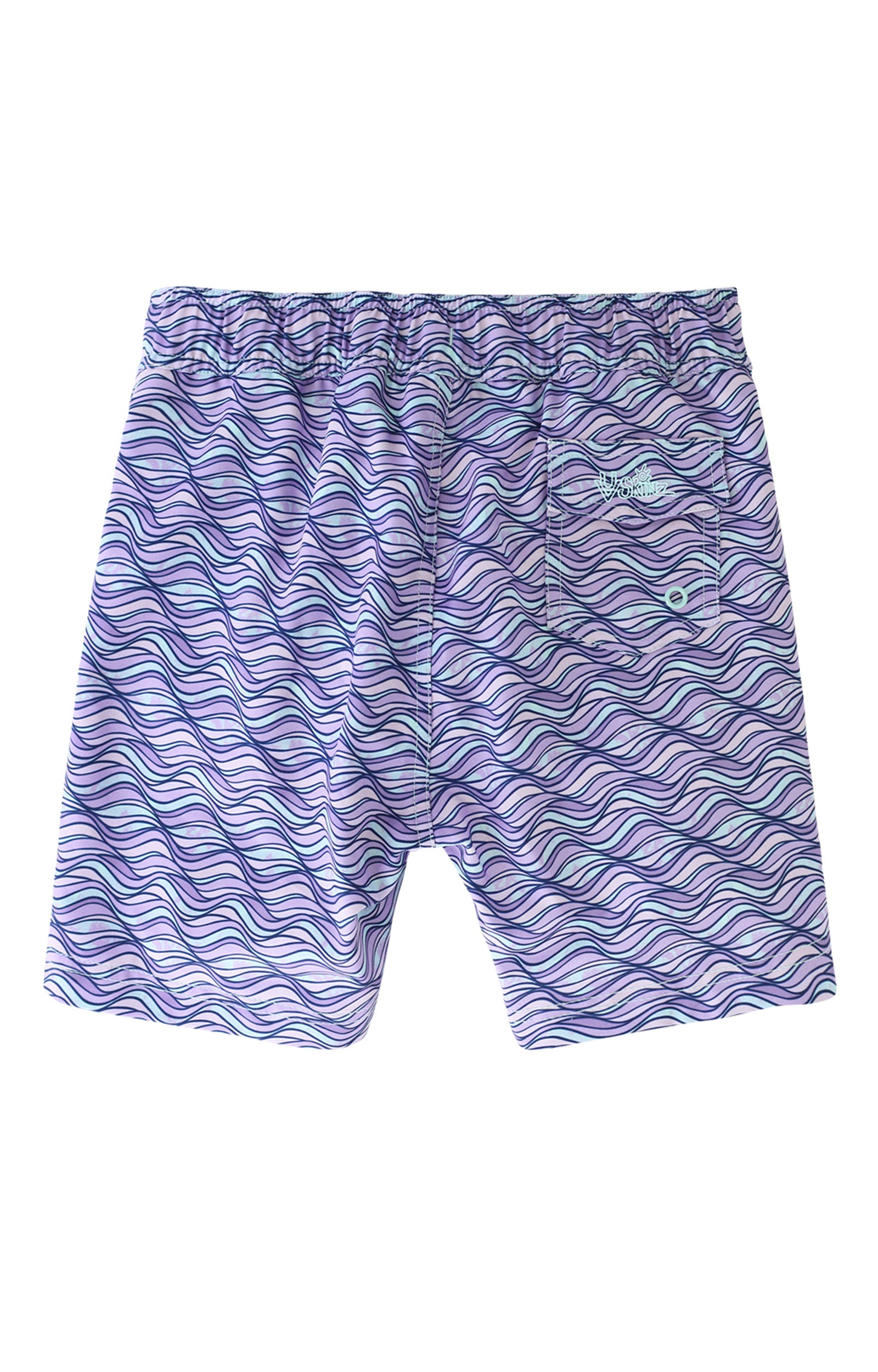 back view of the girl's board shorts in lilac waves|lilac-waves