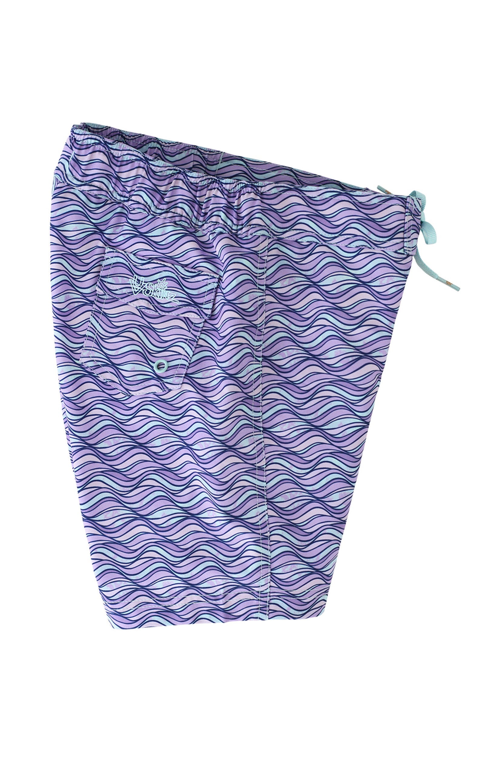 side view of the girl's board shorts in lilac waves|lilac-waves