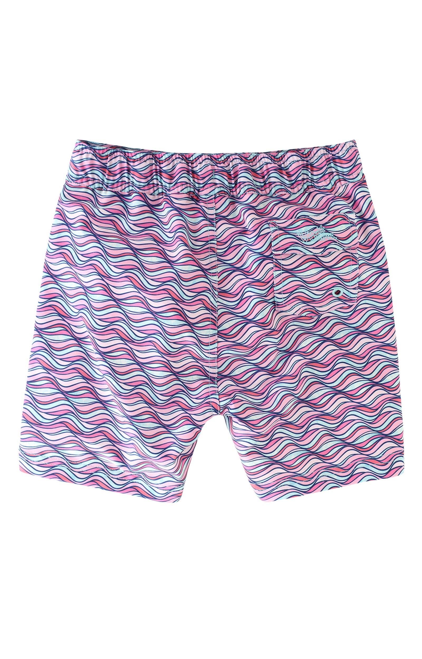 back view of the girl's board shorts in light pink waves|light-pink-waves
