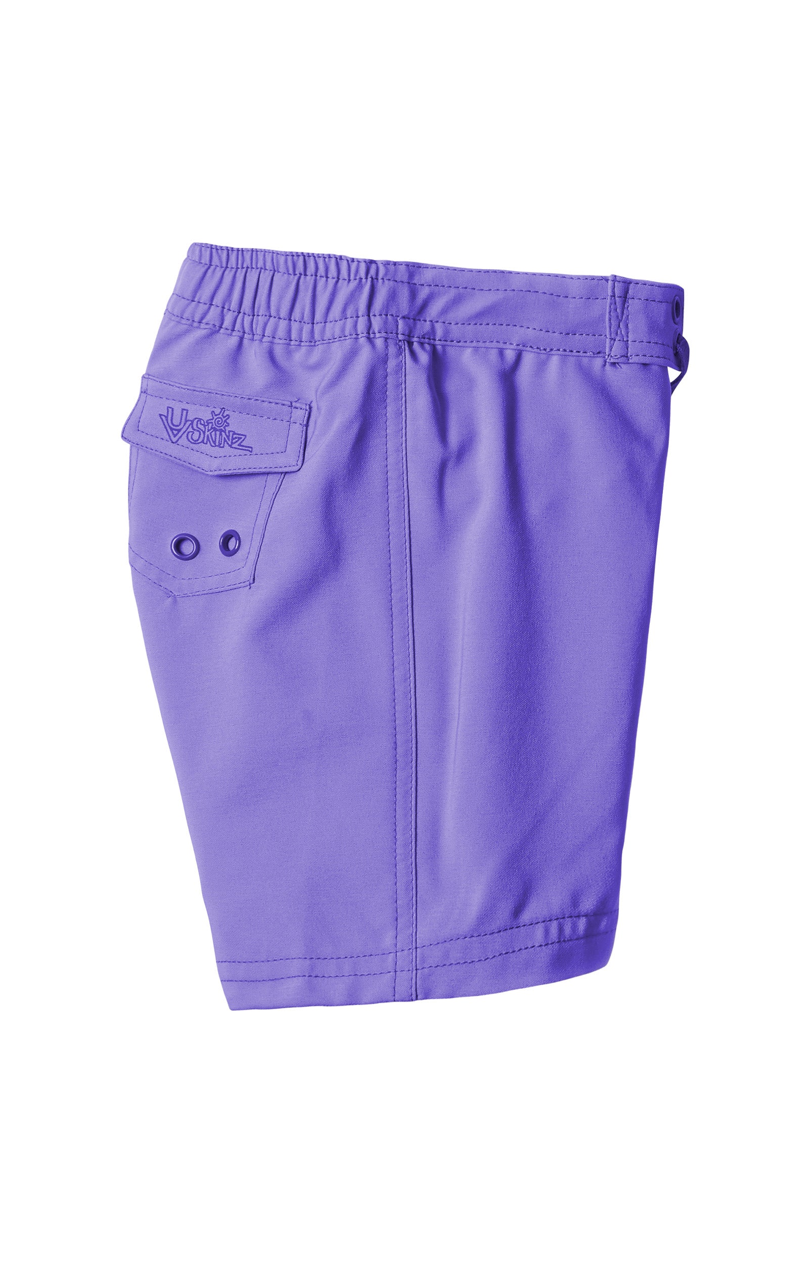 side view of the girl's board shorts in purple|purple