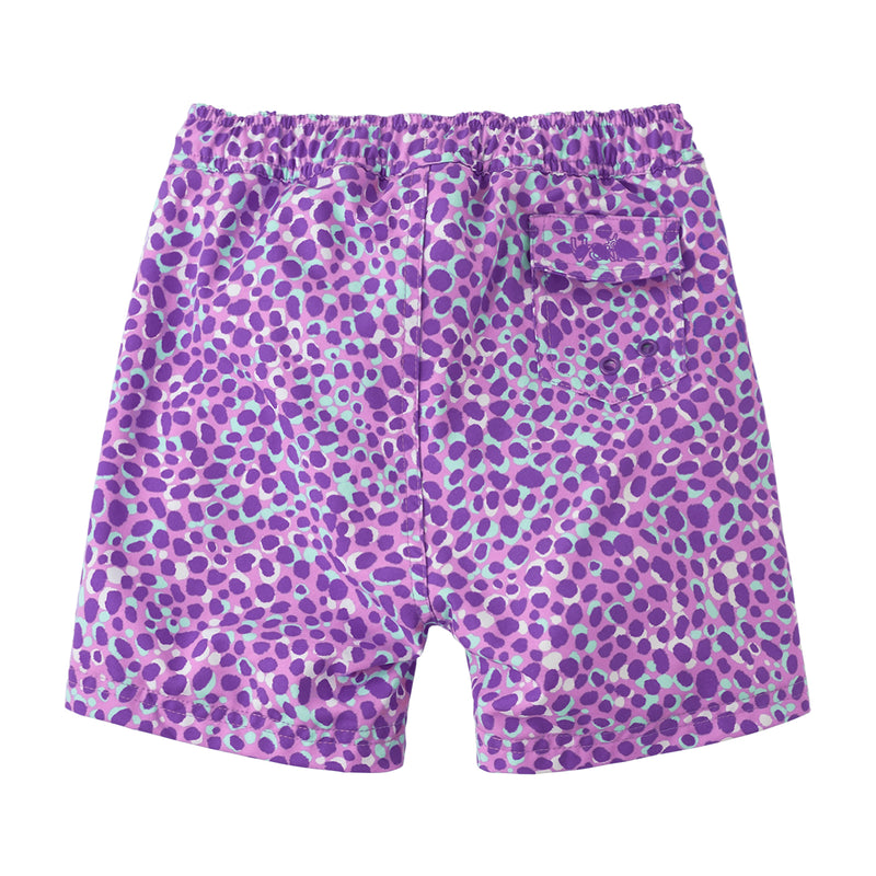 Back of the Side of the Girl's Board Shorts in Purple Spots|purple-spots