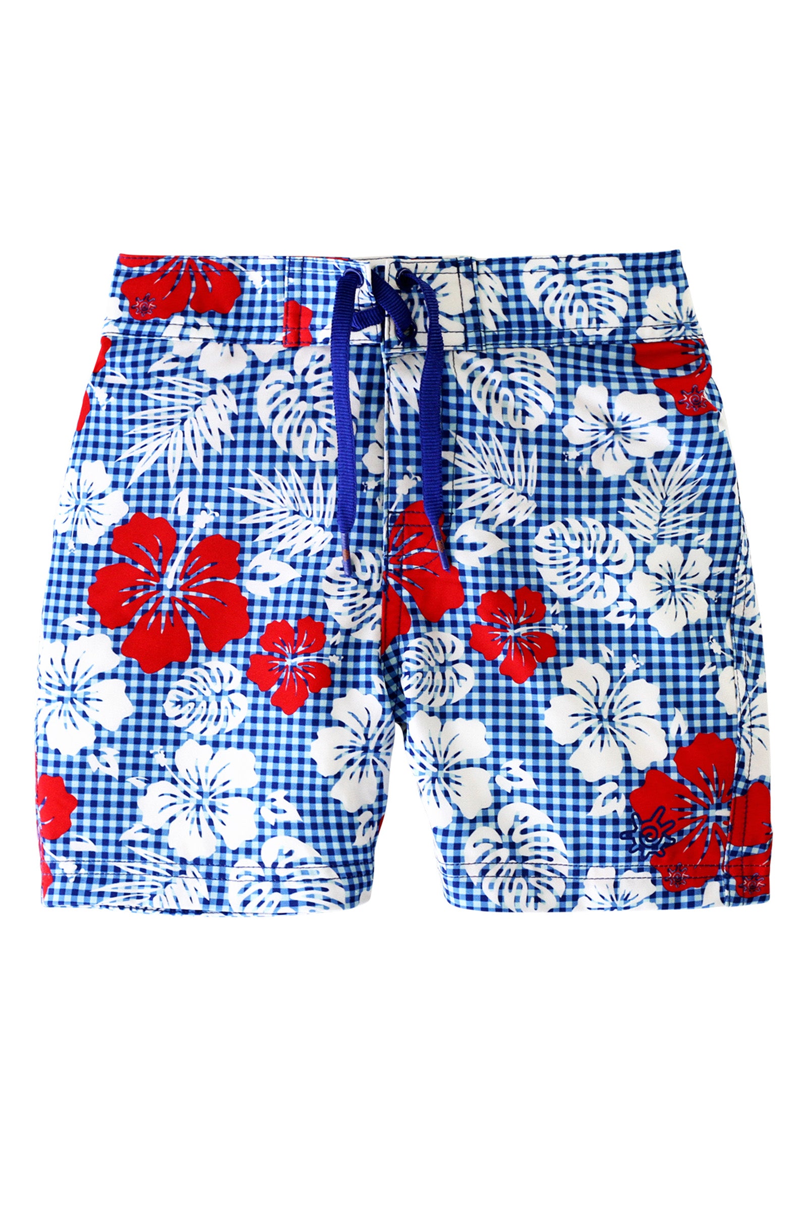 girl's board shorts in red americana gingham