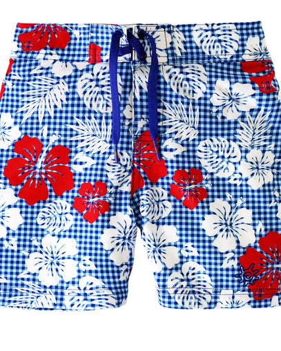 girl's board shorts in red americana gingham|red-americana-gingham